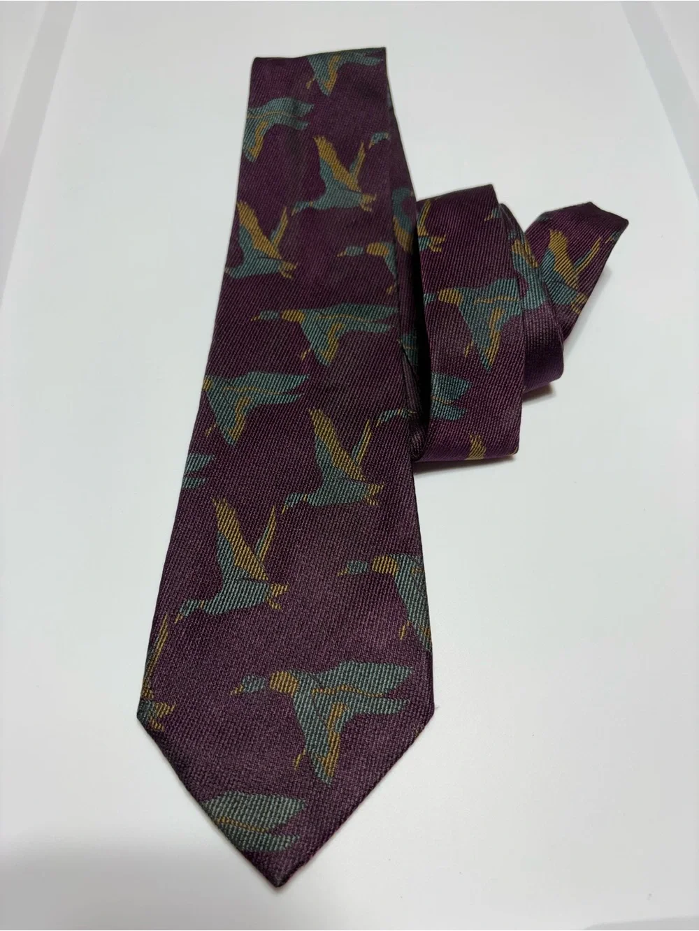 Vintage Neiman Marcus Plum Tie with Teal and Gold Duck Pattern